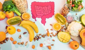 Een afbeelding die de synergie tussen een gezonde darm en voedzame voeding illustreert, met kleurrijke groenten, fruit en volkorenproducten.